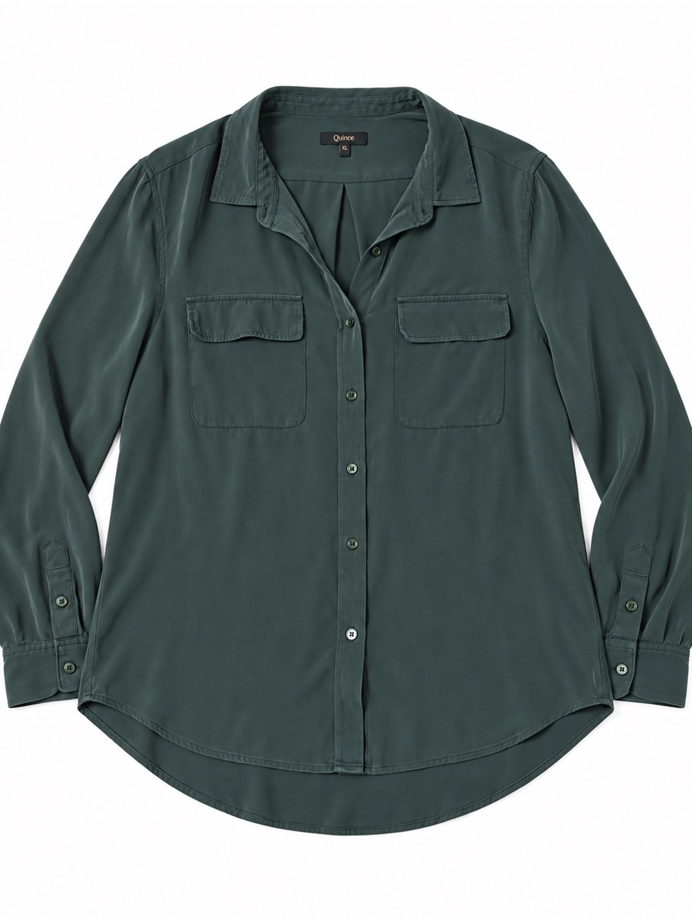Quince dark teal/green long-sleeve button-up blouse in size XL.
